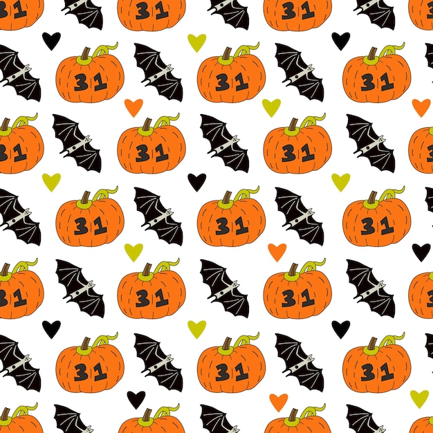 Halloween seamless pattern with pumpkins bats and hearts on white background