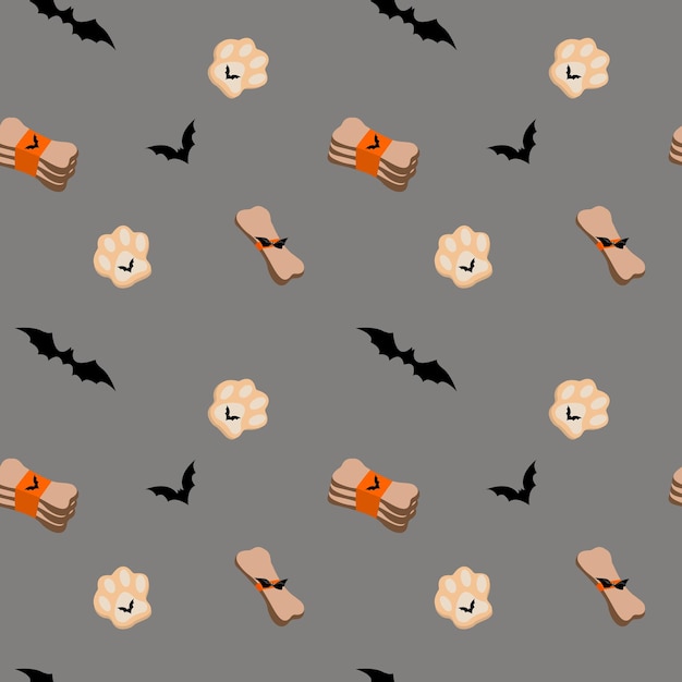 Halloween seamless pattern with snacks for pets and bats silhouettes.