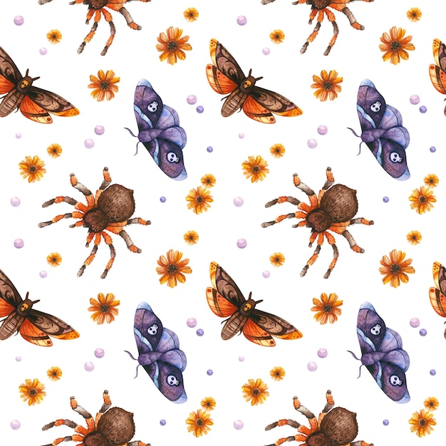 Halloween seamless pattern with watercolor spiders and butterflies with skulls Spooky digital scrap