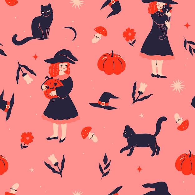 Halloween seamless pattern with witches black cats and pumpkins Vector graphics