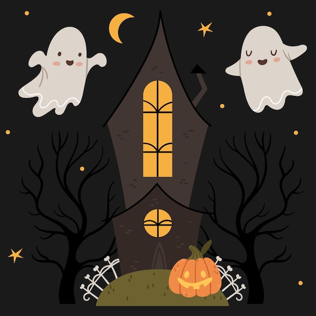 Halloween set Cute ghosts fly around a gothic house Halloween pumpkin Autumn mood Night sky