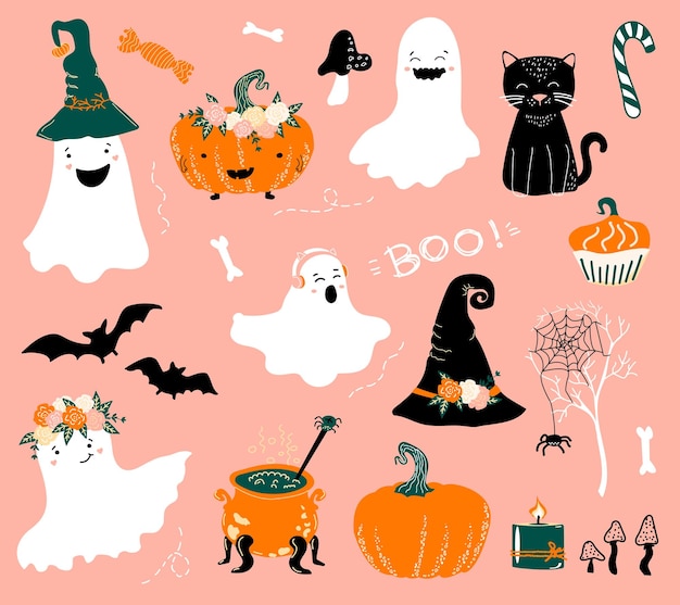 Halloween set Cute ghosts pumpkins bats black cat bones and mushrooms