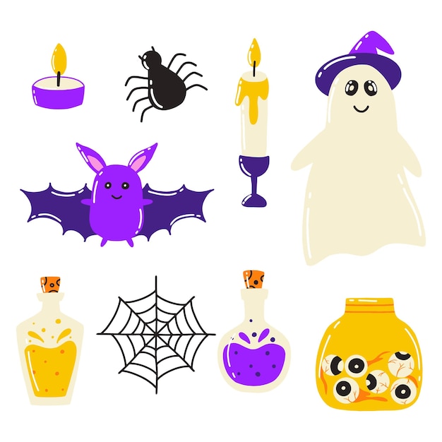 Halloween set Doodle style Vector illustration Terrible collection for Halloween Ghost potion jar with eyes