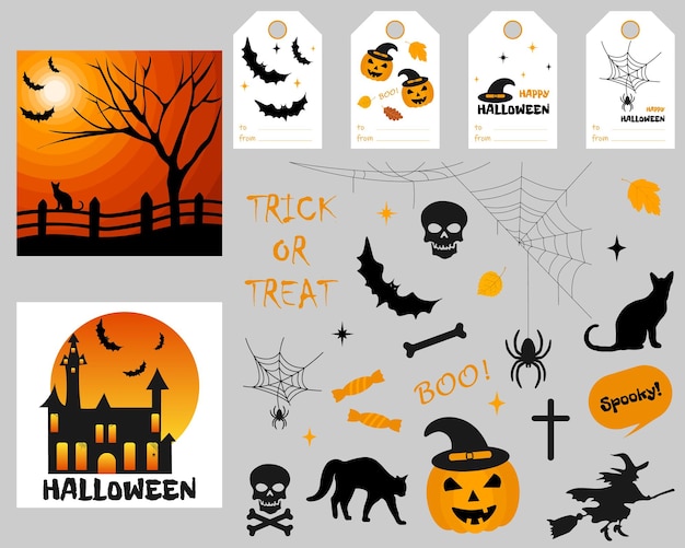 Halloween set.Gift cards,tags,Halloween elements.Template for card design,invitations,stickers.