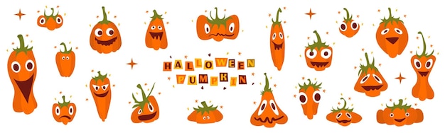 Halloween set of hand draw pumpkins vector cutout lettering smiling faces isolated on white