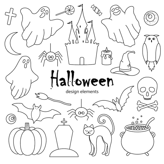 Halloween set of hand drawn elements in doodle style