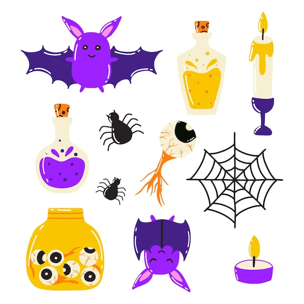 Halloween set Magic set Doodle style Vector illustration A collection of candles a cauldron flying soap a potion a jar with eyes Attributes for magic