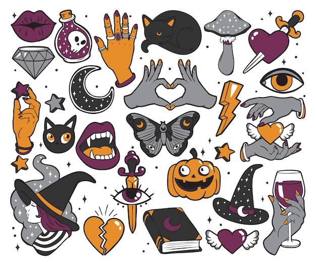 Halloween set of patches in cartoon comic style