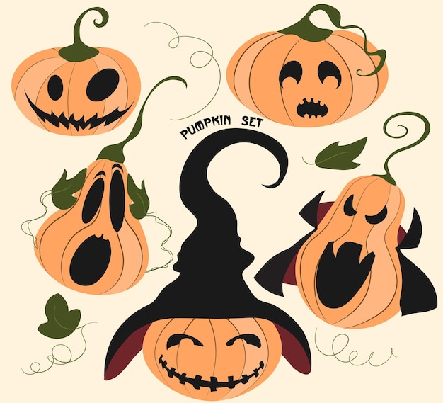 Halloween set of scary pumpkins Cartoon vector pumpkins with different emotions