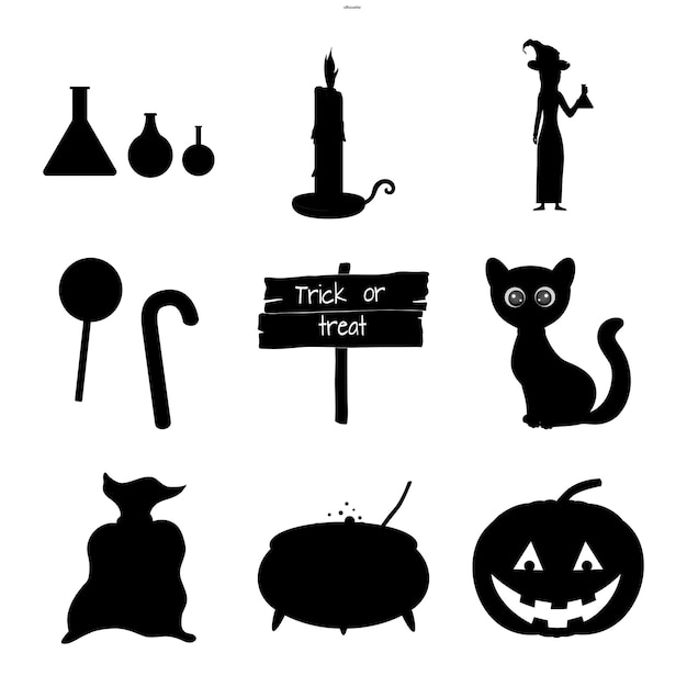 Halloween set of silhouettes with traditional attributes on white background Cartoon style Vector