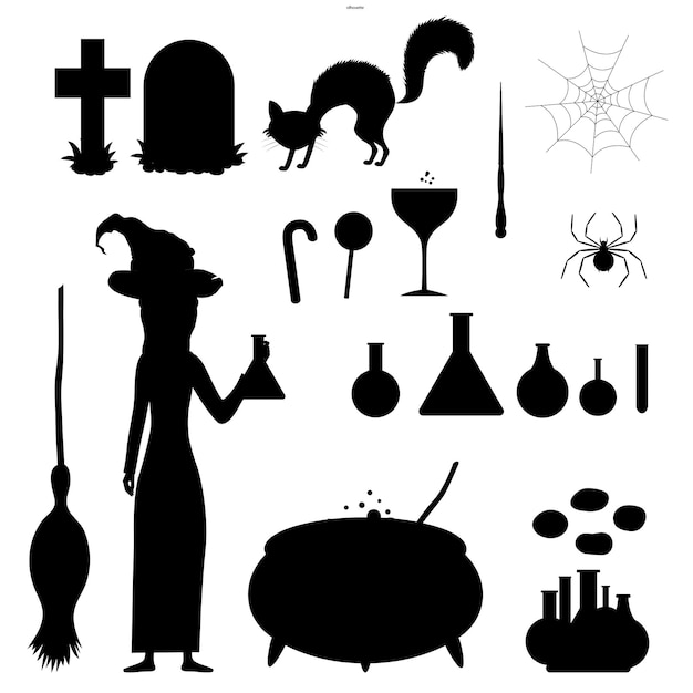 Halloween set of silhouettes with witch and her traditional attributes on white background. Cartoon style. Vector.