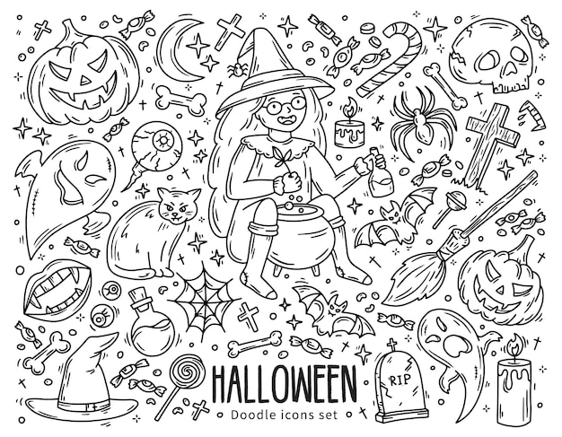 Halloween set of vector icons in doodle style horror magic symbols and witc