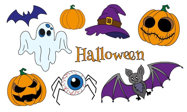 Halloween set vector illustration Gost bat pumpkin witch hat and spider eye doddle halloween art