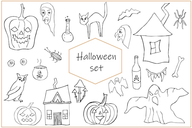 Vector halloween set of vector images drawn by liner, doodle style.