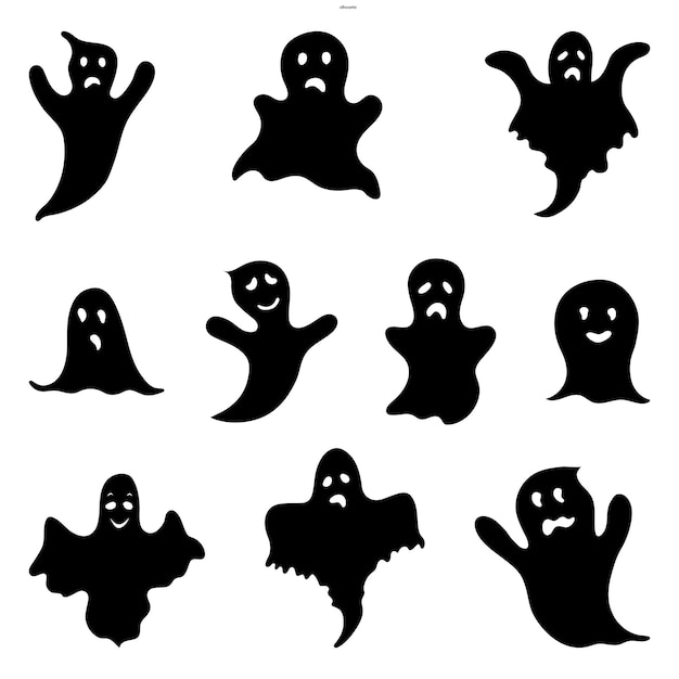 Halloween set with ghosts silhouettes on white background Cartoon style Vector