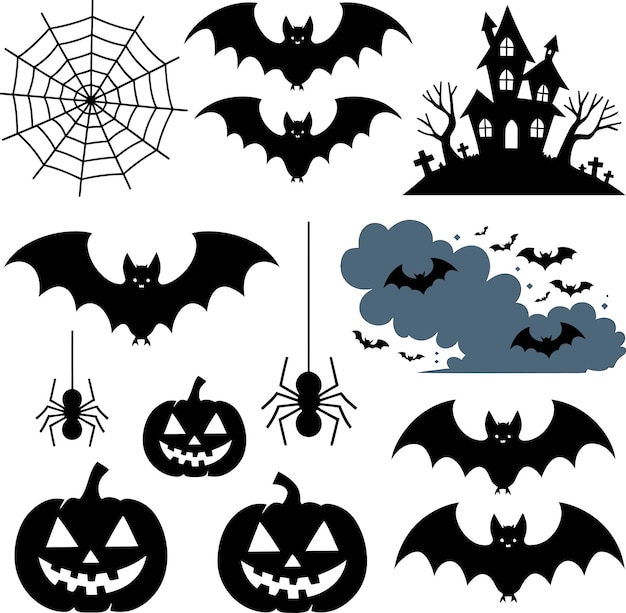 Halloween set with pumpkin tree bat web and castle