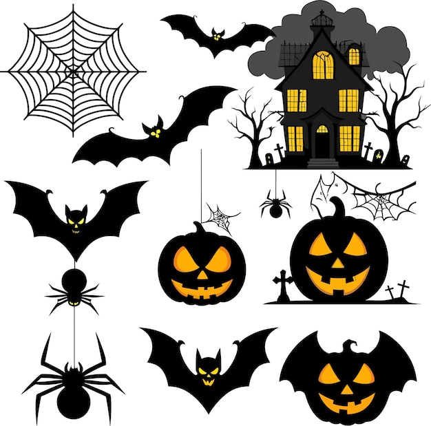 Halloween set with pumpkin tree bat web and castle