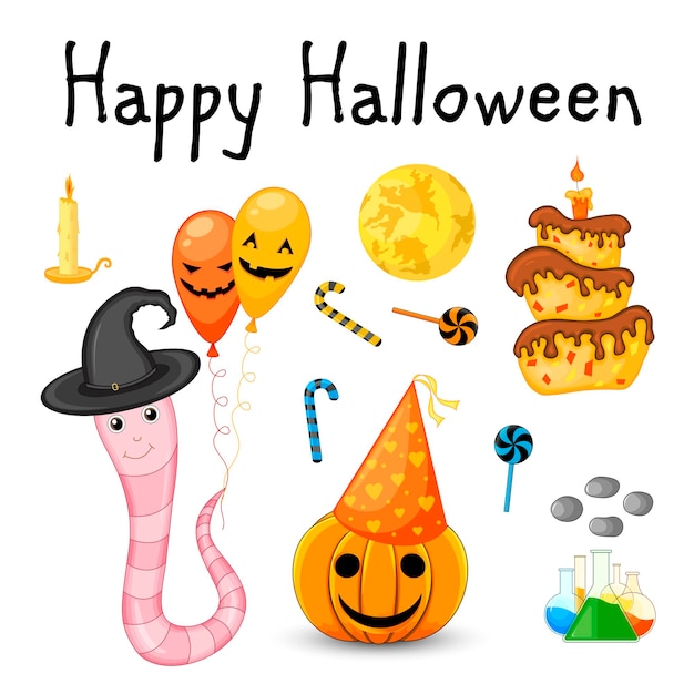 Halloween set with traditional attributes on white background. Cartoon style. Vector.