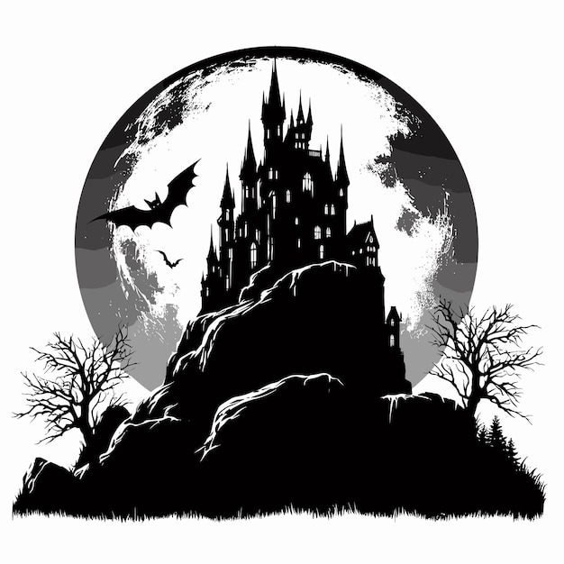 Halloween silhouette of a crumbling gothic creepy castle perched atop a rocky cliff