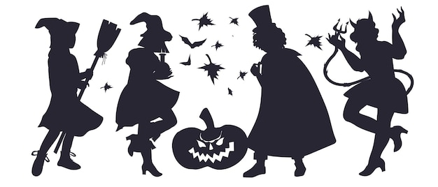 Halloween silhouettes of people dressed in Halloween fancy dress to go Trick or Treating vector