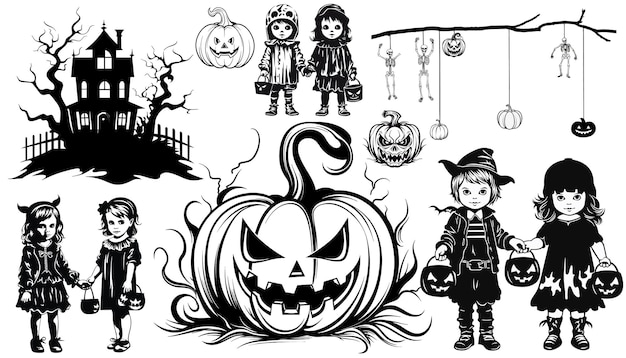 Halloween Silhouettes Witch pumpkin black cat Halloween party Spider sticker Trick or treat Vector icons