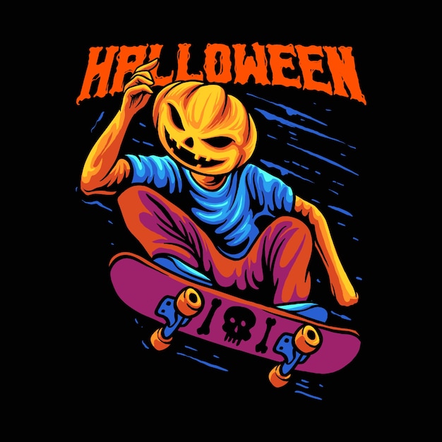 halloween skateboarding pimpkin illustration