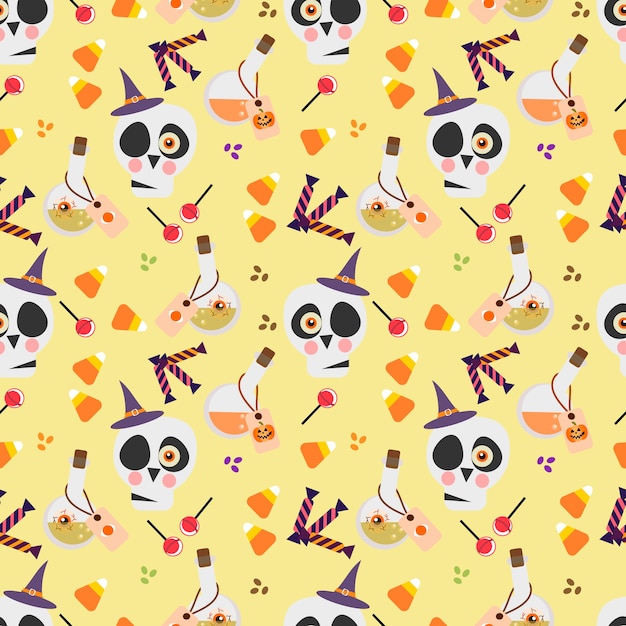 Halloween skull and colorful candy seamless pattern.