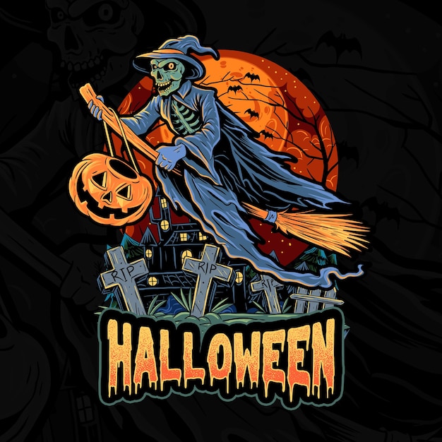 Halloween Skull Witch Flying With Broom