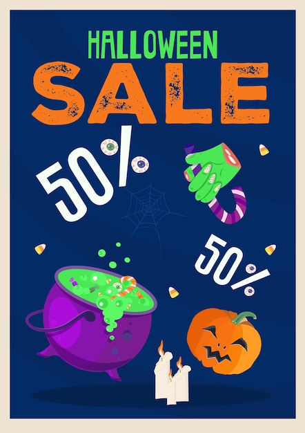 Vector halloween special offer banner with cauldron with green potion candies pumpkin and zombie hand up to