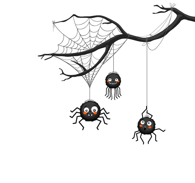 Halloween spider border with tree branch and cobweb Vector trick or treat holiday night monsters characters of cute black spiders insects with funny smiling faces hanging on spiderweb threads