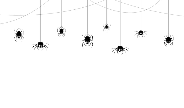 Halloween spiders border Vector holiday frame with black funny arachnid characters hanging on strings down the tangled cobwebs Monochrome spinner personages and spiderwebs on white background