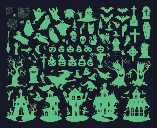 Halloween spooky elements Creepy ghosts pumpkins gravestones zombie hands and spooky trees flat vector illustration set Halloween horror celebration silhouettes