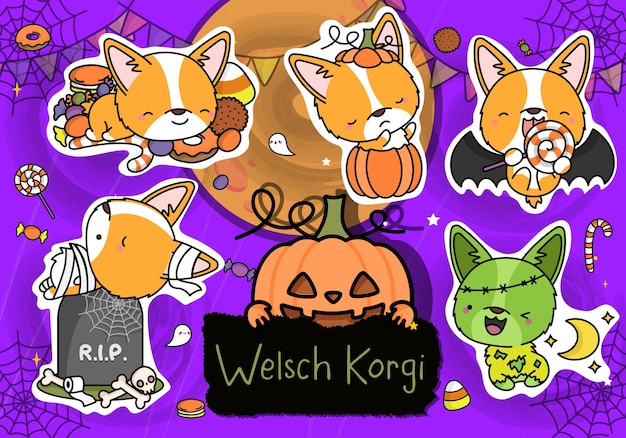 Halloween Sticker Pack. Collection of Halloween Corgi Puppy Clipart Illustration.