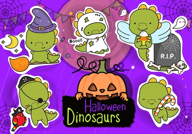 Halloween Sticker Pack. Set of Clipart Halloween Dinosaur. Cute Clip Art Halloween Dino.