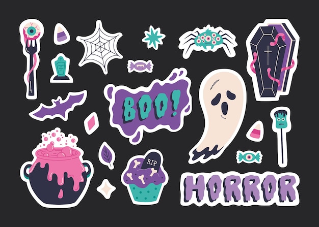 Vector halloween sticker set elements, hand drawn scary illustration. cute badge collection with ghost, bat, cauldron, spooky cupcake and boo calligraphy. creepy holiday symbols. vector template, background