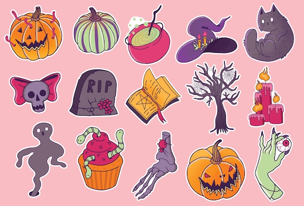 Halloween sticker set Hand drawn decorative spooky elements Sweet horror Cartoon illustrations on a pink isolated background Cutout silhouette