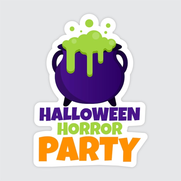 Halloween sticker with cauldron and halloween horror party text