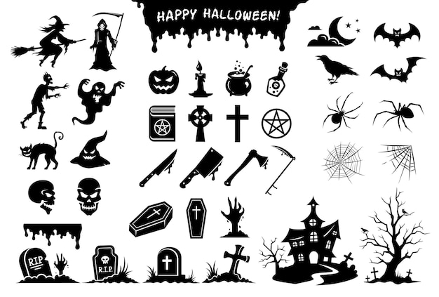 Halloween stickers. Black silhouettes of monsters, objects, elements and symbols in big collection.