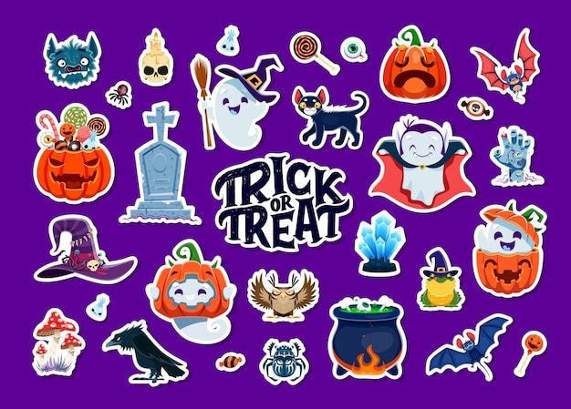 Vector halloween stickers funny cute animals ghosts set