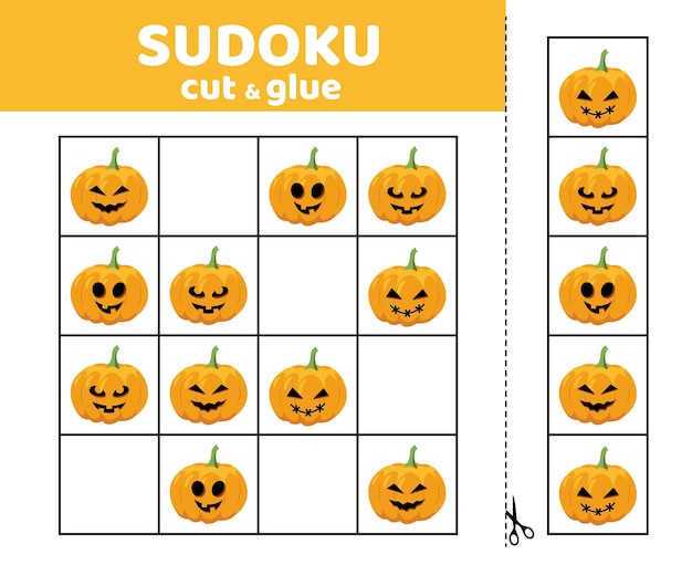 Halloween sudoku for kids with pumpkins Halloween sudoku game for children Cut and glue