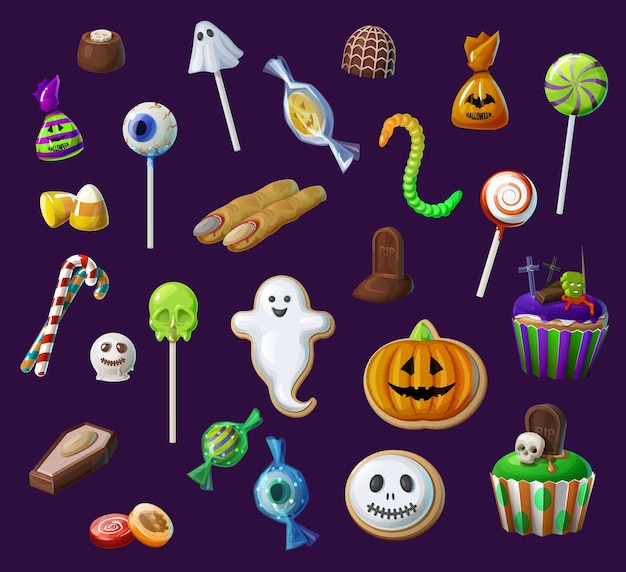 Halloween sweet lollypops, candies and cupcakes