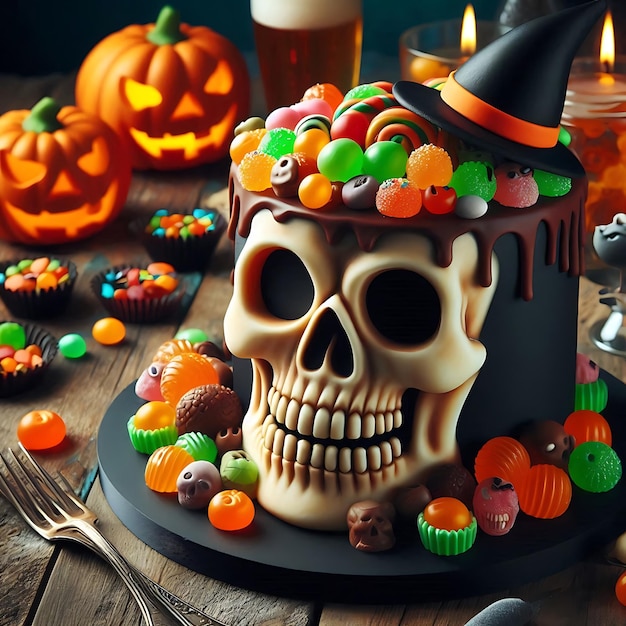 Vector halloween sweets cakes and spooky pumpkin jack o lantern background 3d rendering