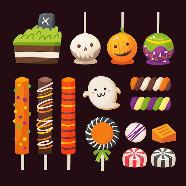 Halloween sweets for kids. Colorful classic vector candies and vectors.