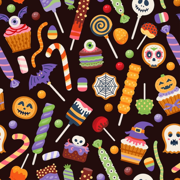 Halloween sweets pattern. Seamless background with trick or treat candies.