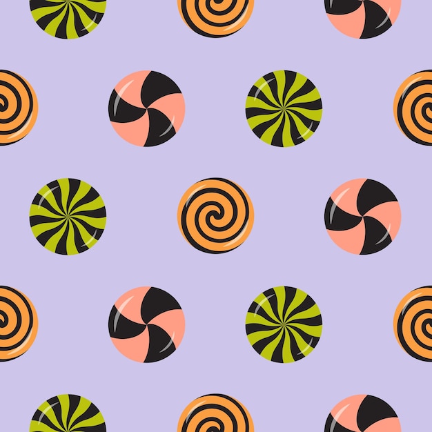 Halloween swirl sweet candies round lollipops bonbons seamless pattern