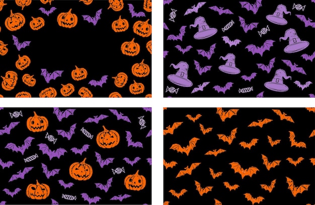 Halloween symbols hat pumpkin bat candy pattern hand drawn illustrations