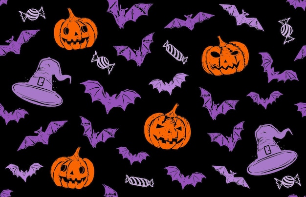 Halloween symbols pumpkin bat candy pattern hand drawn illustrations