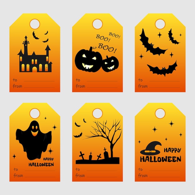 Halloween tag set.Vector gift tags with festive illustrations in cartoon silhouette style.