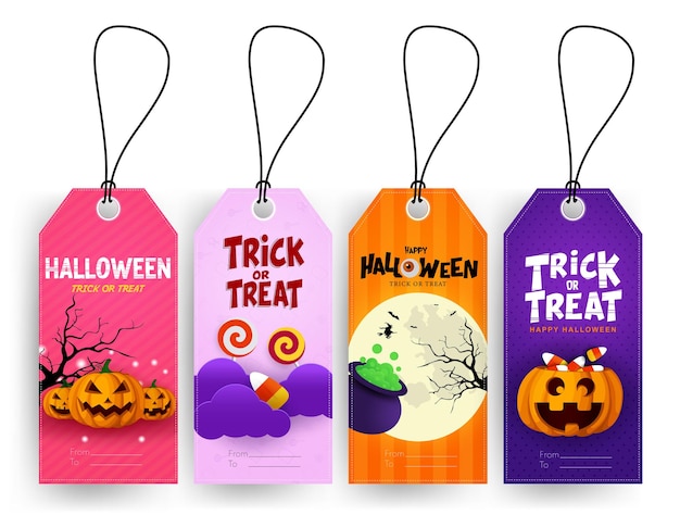 Halloween tags vector set design Trick or treat halloween gift tags collection for holiday party