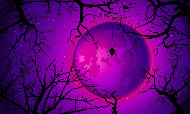 Halloween template, banner bottom view of spooky trees with cobwebs, spiders and huge purple moon,